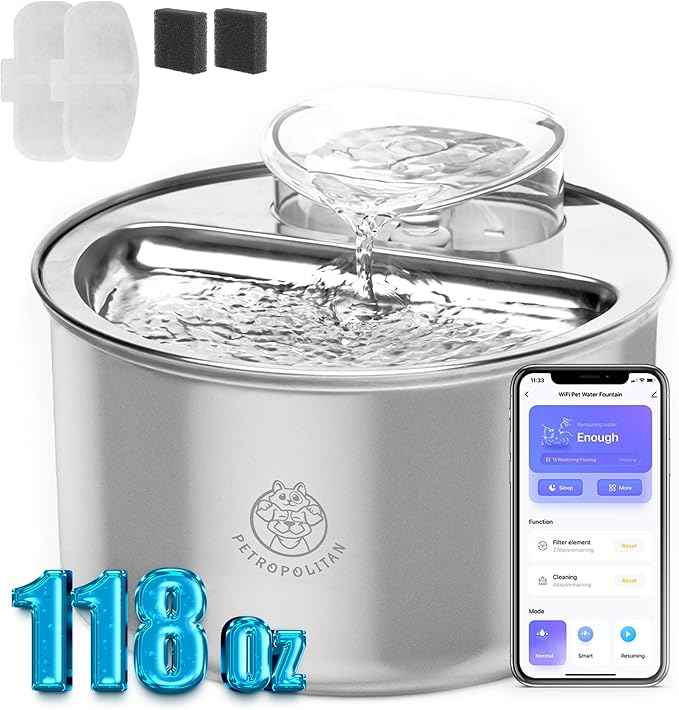 Smart Stainless Steel Cat Water Fountain – 3.5L/118oz Automatic Pet Water Dispenser for Cats & Dogs, Wi-Fi App Control, Ultra-Quiet Pump, 2 Extra Filters, Indoor Cat Fountain for Drinking