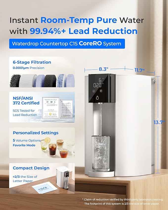 Waterdrop CoreRO Countertop Reverse Osmosis System, NSF/ANSI 58 & 372 Certified, 6-Stage, Portable Reverse Osmosis Water Filter, Reduce PFAS, No Installation Required, BPA Free, WD-C1S