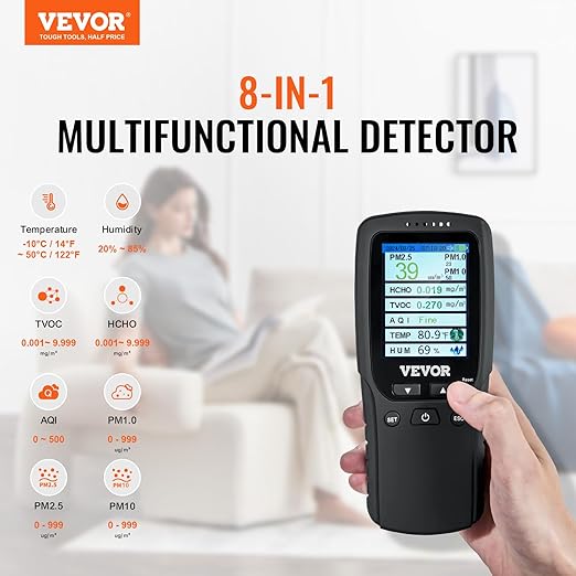 VEVOR Air Quality Monitor 8-in-1, Professional PM2.5 PM10 PM1.0 Particle Counter, Formaldehyde, Temperature, Humidity, TVOC AQI Tester for Indoor/Outdoor, Air Quality Meter w/Alarm Thresholds