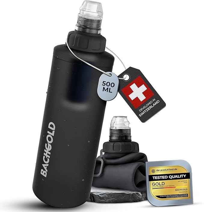 Water Filter Camping – Bachgold Foldable Squeeze Portable Water Filter for Hiking, Backpacking & Emergency Use | Ultralight Outdoor Filtration Bottle, Swiss Design