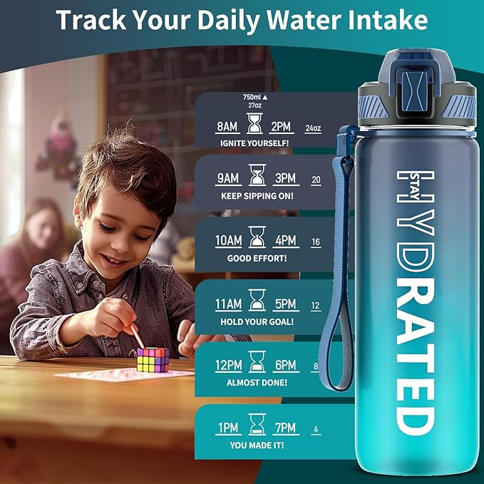 Water Bottle with Straw, 27oz Motivational Water Bottles with Time Marker to Drink, Tritan BPA Free, 750ml Sports Water Bottle with Carry Strap LeakProof for School Fitness Outdoor (1Pack)