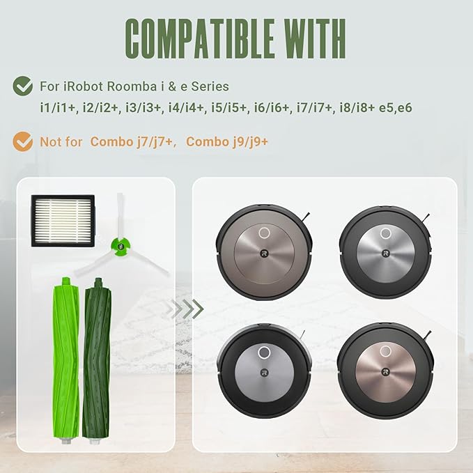 Replacement Parts Accessories Kit for iRobot Roomba i7 i7+ i6 i6+ i3 i3+ i8 i8+ i4 i4+ i5 i5+ i2 i2+ i1 i1+ i e Series Robotic Vacuum Attachment, 1 Rubber Brush, 5 HEPA Filter, 6 Side Brush - AquaVibe