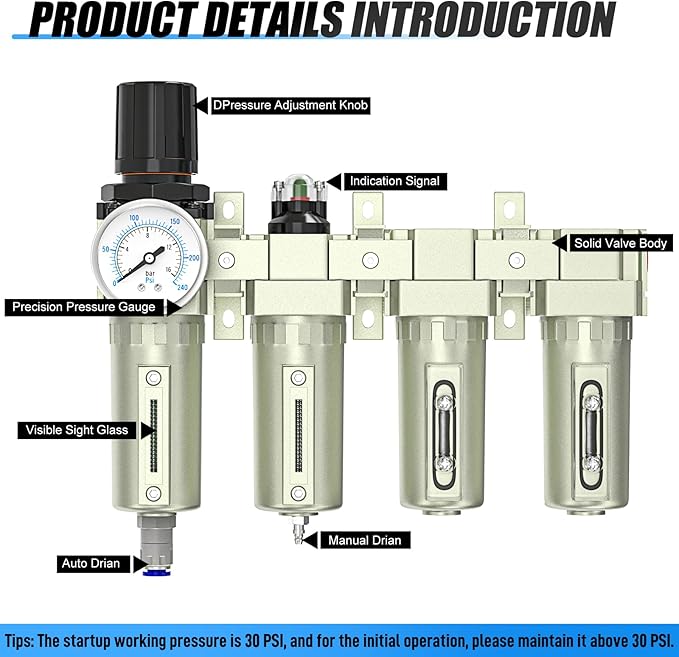 4 Stage Heavy Duty Industrial Grade 3/4" NPT Air Drying System, Auto Drain,Coalescing Filter,Particulate Filter,Double Desiccant Dryer and Air Regulator For Plasma Cutter and Paint Spray - AquaVibe