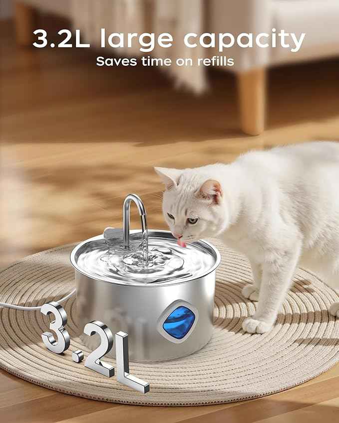 Cat Water Fountain Stainless Steel - 108oz/3.2L Pet Gift Dog Water Dispenser Automatic Silent Cats Dispenser for Drinking Indoor Metal Kitty Spout Fountains with 8 Filters + 8 sponges