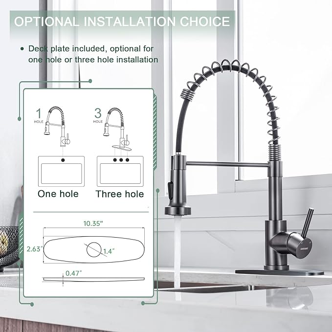 WEWE Black Stainless Kitchen Faucet, Faucet for Kitchen Sink with Pull Down Sprayer Gray Matte Gun Black Kitchen Faucet with Deck Plate Stainless Steel Farmhouse Commercial Single Handle Sink Faucet