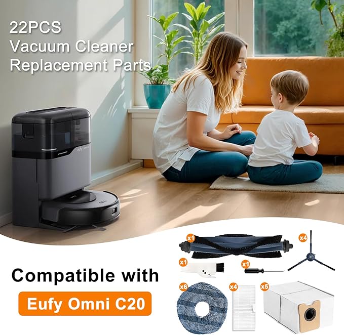 22 Pack Accessories Compatible with Eufy Omni C20 Robotic Vacuum Cleaner Accessory,1 Main Brush, 4 Sweeping Brushes,4 HEPA Filters,5 Dust Bags(Activated Carbon),6 Mop Pads - AquaVibe
