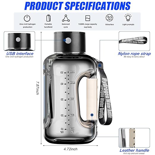 Hydrogen Water Bottle, 50oz/1.5L Hydrogen Water Generator, Rechargeable Hydrogen Water Ionizer with SPE/PEM Technology Leakproof, 5 Min Electrolysis for Sports Fitness Exercise Gift - Grey