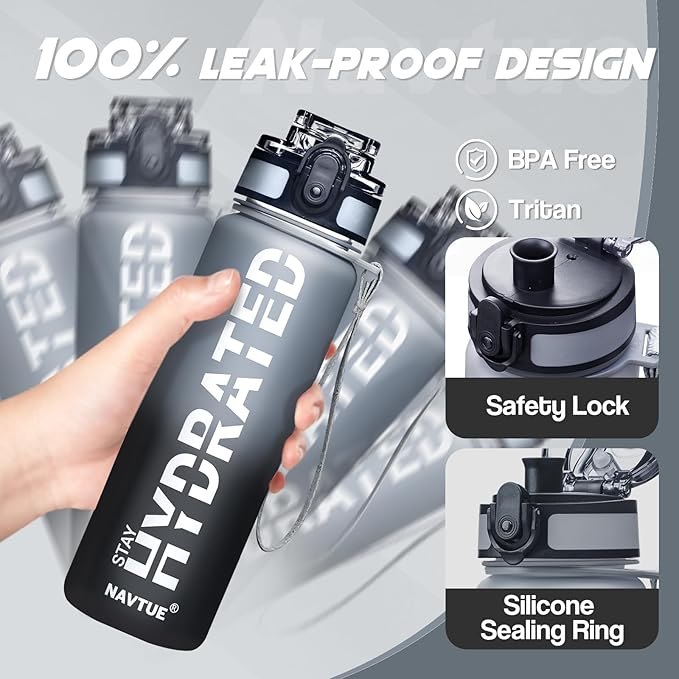 Water Bottle, 32oz Sports Water Bottles with Time Marker Wide Mouth, Motivational and Leakproof Drink Bottle, BPA Free Tritan with Carry Strap for Gym Fitness Outdoor (1 Bottle)