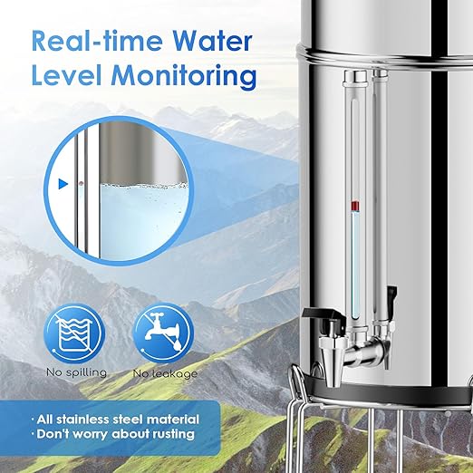 Purewell 3-Stage 0.01μm Ultra-Filtration Gravity Water Filter System, 304 Stainless Steel Countertop System with 2 Filters, Metal Water Level Spigot and Stand, Reduce 99% Chlorine, 2.25G, PW-OB-K
