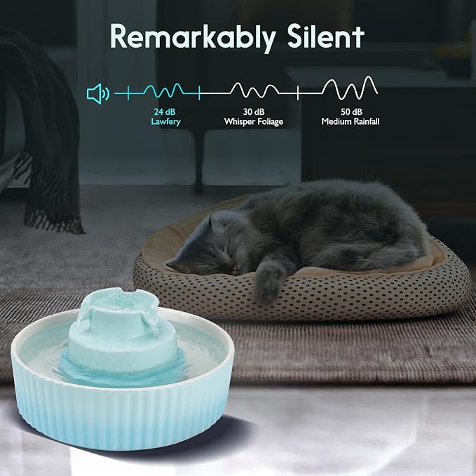 Ceramic Cat Water Fountain, 2.1L/71oz Cat Fountain with 3 Carbon Filters and 2 Quiet Pumps, Cupcake Pet Water Dispenser for Cats and Dogs (Light Blue)