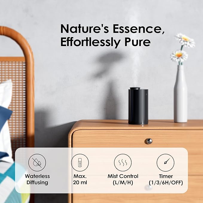Waterless Essential Oil Diffuser Starter Kit with 4 x 10mL Fragrance Scent Oil, Battery Operated Mini Scent Air Machine Portable Diffuser for Home Car Office, AN6 Black Kit01