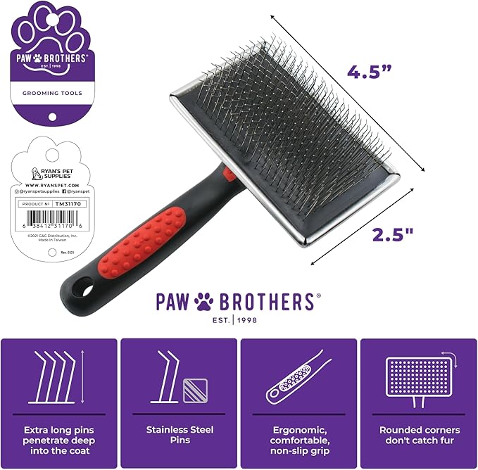 Paw Brothers Professional Grade Extra Long Slicker Brush - Ergonomic Handle, Removes Loose Undercoat and Tangles for Dogs - AquaVibe