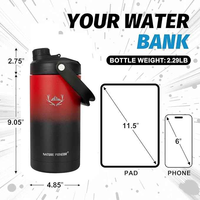 NATURE PIONEOR 64 oz Insulated Water Bottle - Double Vacuum Stainless Steel Half Gallon Water Jug with Holder/Carrier, Wide Mouth, Outdoor Sports, Hiking, Camping, Gym