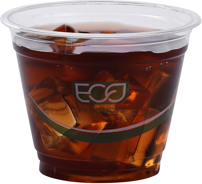 ECO PRODUCTS GreenStripe Clear Compostable 9oz PLA Plastic Cups, Pack of 50, Disposable Renewable Plant-Based Cold Cups, for Cold Drinks & Snacks, BPI Certified, ASTM Compliant.
