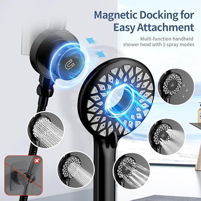 KAIYING Dual Shower Heads with Handheld Spray Combo, Magnetic Filtered Showerhead, Bathroom High Pressure Rainfall Shower Head and Handle Set with Filter for Hard Water, 79" Long Hose (Matte Black)