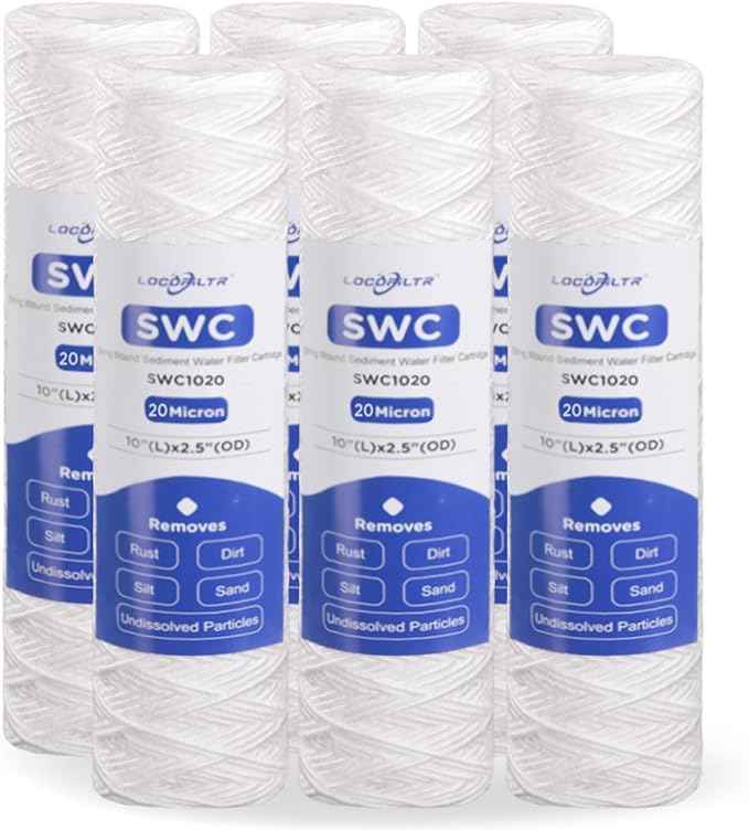 Whole House 20 Micron 10" x 2.5" String Wound Sediment Well Water Filter Cartridge Replacement for FXWSC, CW-MF, 155187-43, AO-WH-PRE-R2, W30W, RS12, SWC-25-1020, SP-CW20, SF20-978 (Pack of 6)