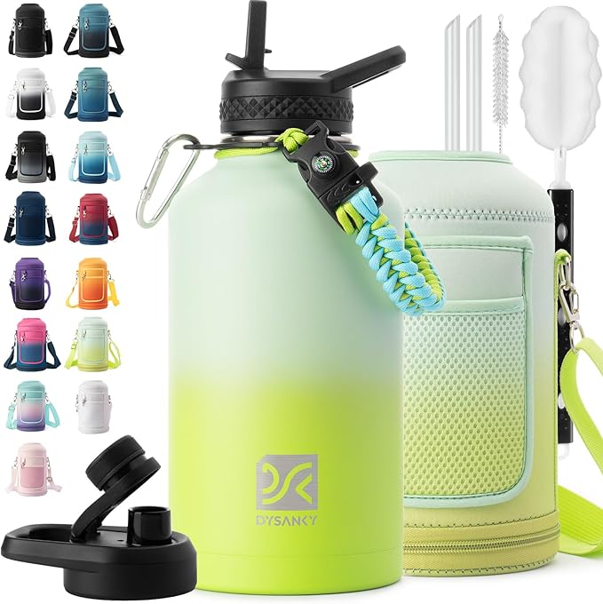 Insulated Water Bottle | Thickened Stainless Steel Vacuum Metal | Portable Sports Half Gallon Large Water Jug for Gym and Hiking with Straw, Carrier Bag, Handle Strap | BPA-Free 64 oz