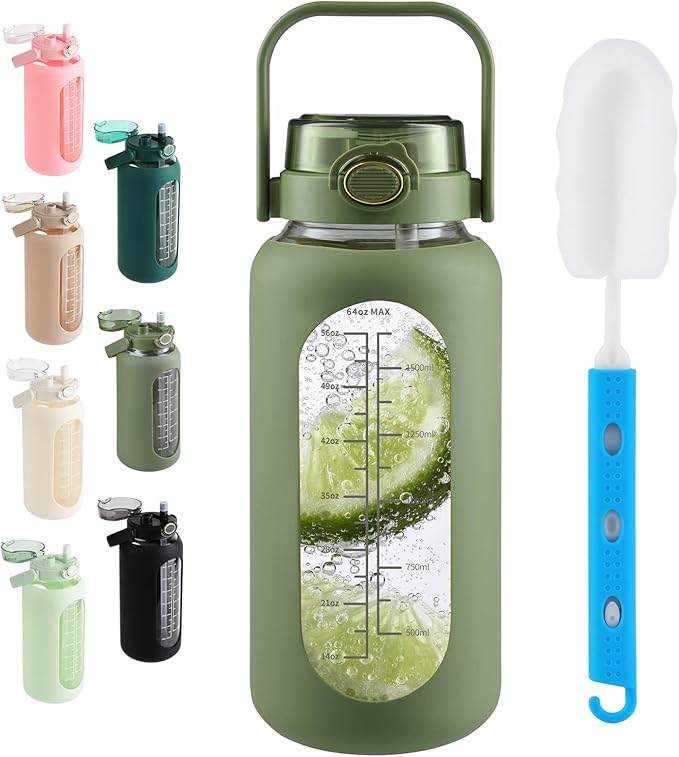 SIEROZUR 64 oz Glass Water Bottle with Straw and Handle Lid Half Gallon Motivational Glass Bottle with Silicone Sleeve and Time Marker Large Reusable Sports Water Jug for Gym Home Workout