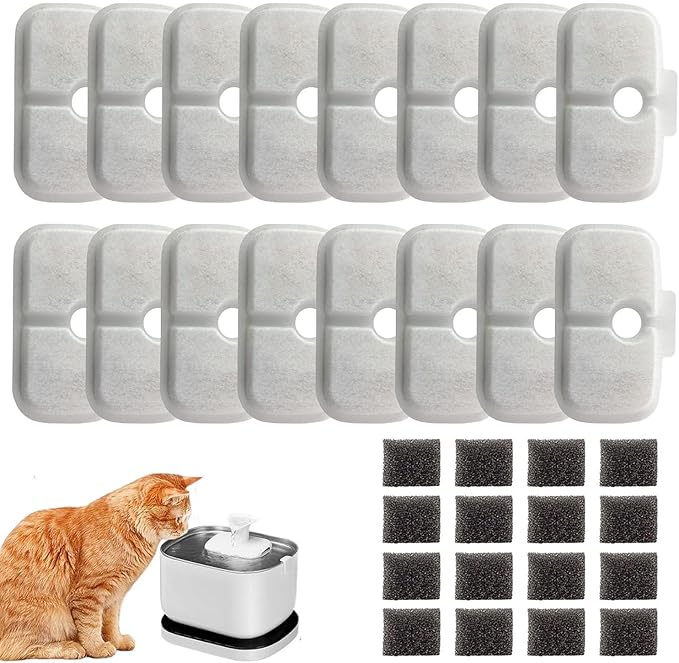 16 Pack Cat Water Fountain Replacement Filter for Petlibro Dockstream Cat Water Fountain(PLWF005/PLWF115/PLWF105, Pet Water Fountain Filter with Replacement Pre-Filter Pump Sponges(16+16)