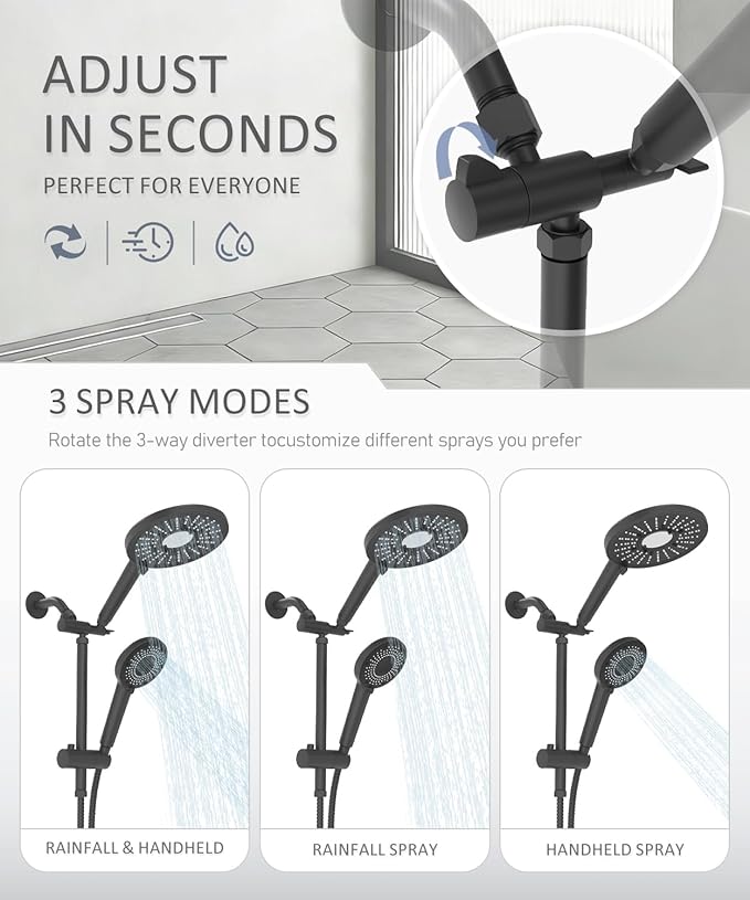 Filtered Shower Head with Handheld Shower Head High Pressure Rainfall System with Slide Bar Dual Filter Softener for Hard Water,6 Spray Modes,Adjustable Height,Black