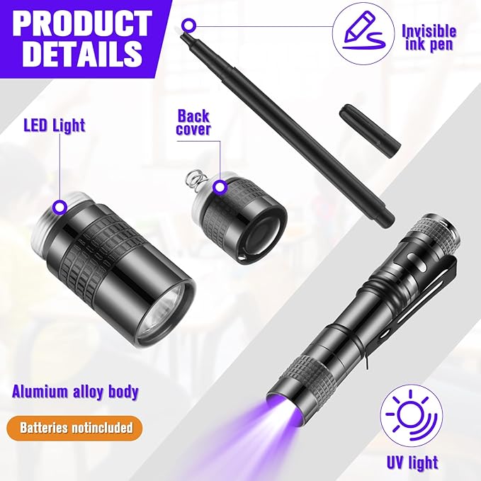 Tegeme 8 Pcs Black Light Markers Set 4 Invisible Ink Pen 4 Mini UV Flashlights Invisible Ink Marker Disappearing Pen for Spy Gadgets Secret Message Gift Party Favors(Grey and Black)