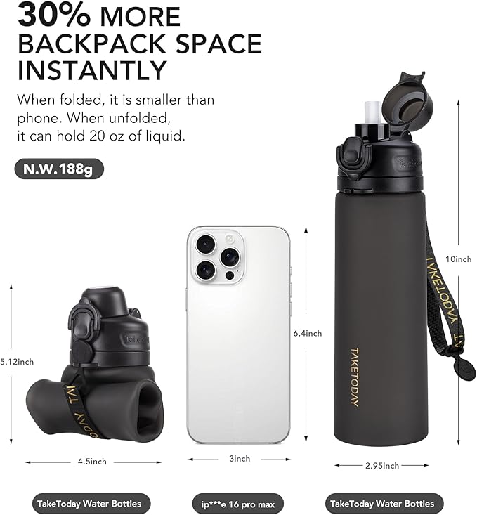 TakeToday Collapsible Water Bottles 20oz (600mL), Foldable Platinum Silicone Travel Water Bottle with Straw & Carry Strap, Leak-Resistant Screw Lid, Wide Mouth, BPA-Free for Hiking, Camping, Travel