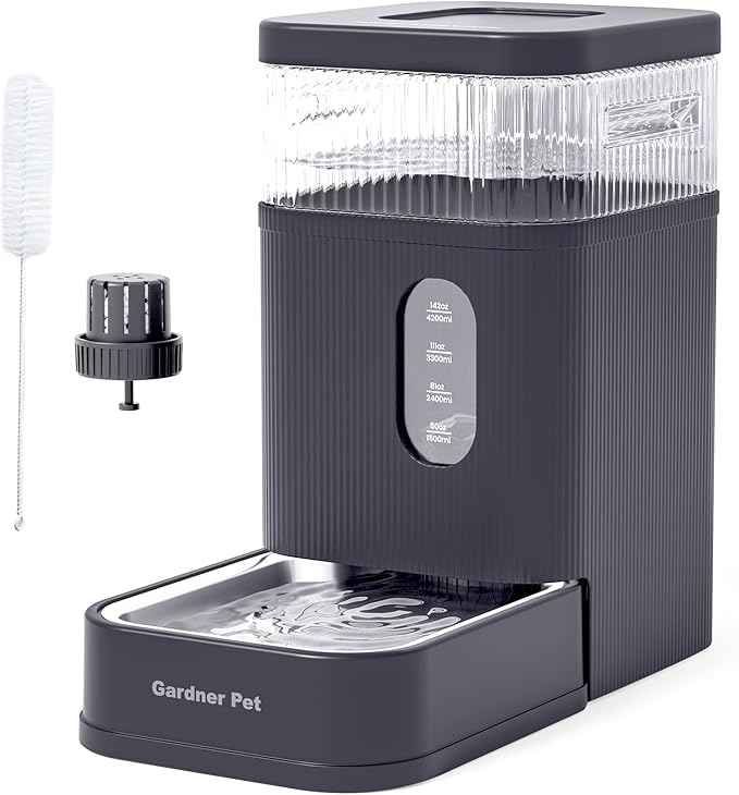 Gardner Pet 2.2 Gallon Automatic Dog Water Bowl Dispenser 8.5L Gravity Water Feeder with Stainless Steel Bowl & Maifan Stone Filter, BPA-Free for for Cats and Dogs (Grey, 2.2 Gallon)