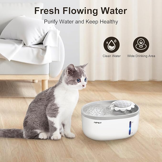 NPET Cat Water Fountain with Visible Water Level Window, White Grey 2L/67oz Automatic Pet Water Fountain with Quiet Pump, Dog Water Dispenser for Drinking (Regular)