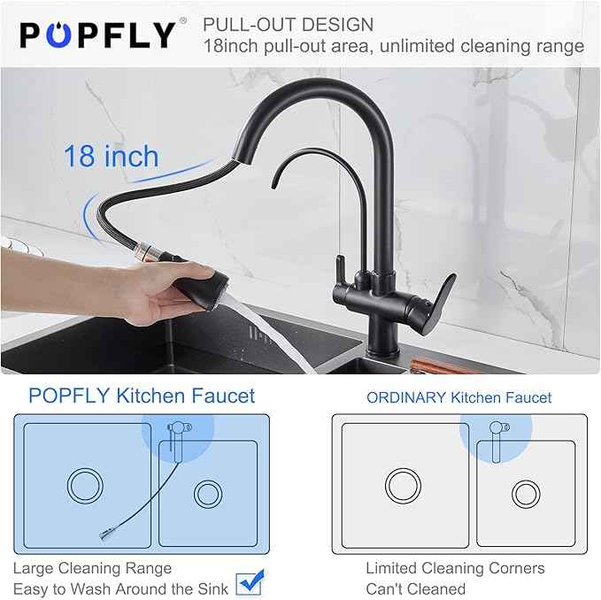 POPFLY Modern Kitchen Faucet with Drinking Water Faucet, 2 Handle 3 in 1 Water Filter Purifier Faucet with Pull Down Sprayer, Brass Body, Black