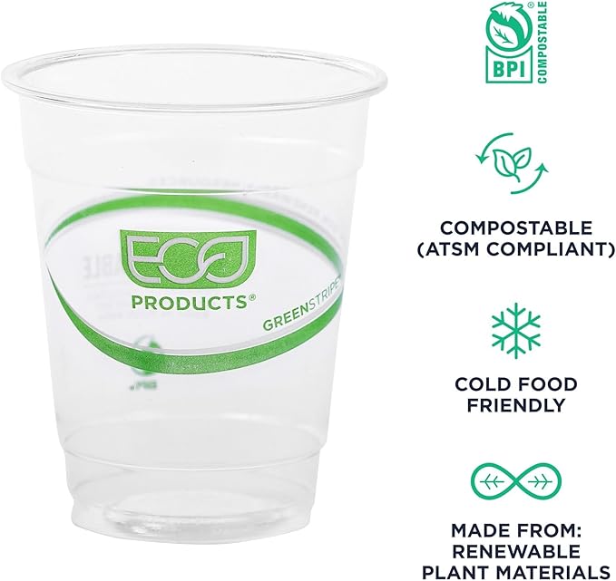 ECO PRODUCTS GreenStripe Clear Compostable 7oz PLA Plastic Cups, Pack of 50, Disposable Renewable Plant-Based Cold Cups, For Cold Drinks & Snacks, BPI Certified, ASTM Compliant.