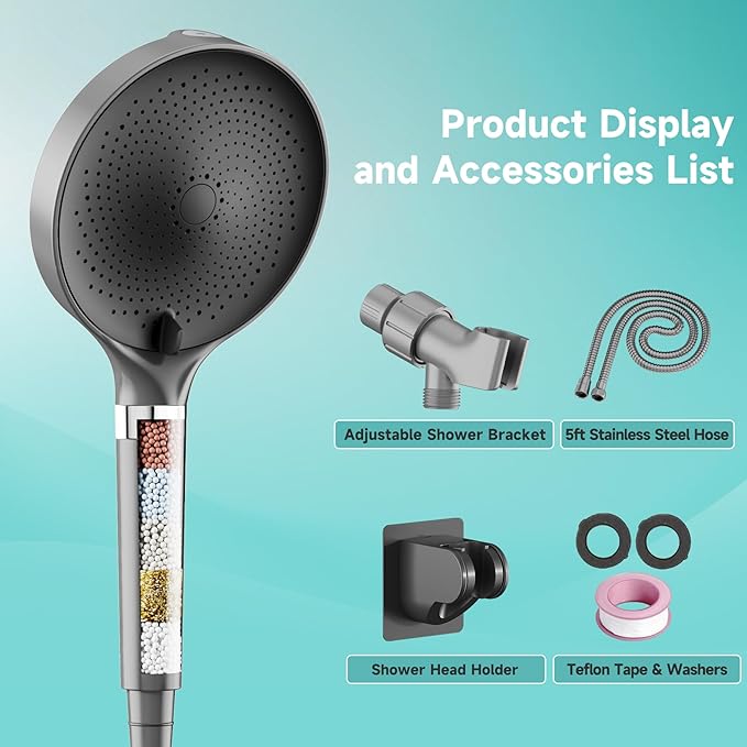 Filtered Shower Head, 6 inch High Pressure Handheld Shower Head with Filter for Hard Water, 6 Spray Modes Detachable Showerhead with Hose and Shower Arm Bracket, Dark Grey - AquaVibe