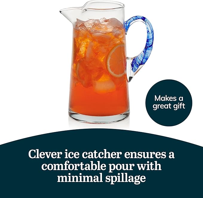 Libbey Cabos Large Glass Pitcher, 90 Oz Handcrafted Glass Water Pitcher with Spout and Blue Handle, Artisan-Inspired Water Carafe for Tables, Kitchen