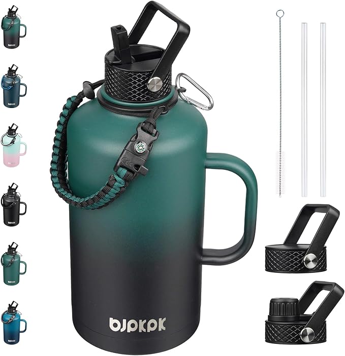 BJPKPK 2/3 Gallon Water Bottle Insulated with Straw Lid, 87oz Large, Stainless Steel Water Bottles with 3 Lids and Paracord Strap, Double Wall Vacuum Metal Water Jug, Army Green & Black