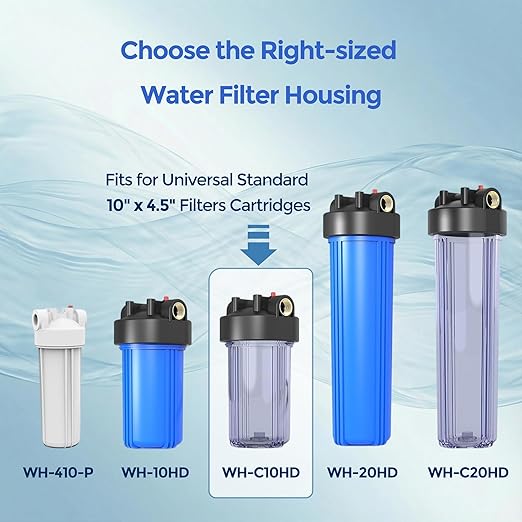 Whole House Water Filter Housing (WH-C10HD), 10" x 4.5" Sediment etc Filter Universal Housing, Pre-Filtration System for Well and City Water, 1" NPT Port, Pressure Release(Clear Housing)