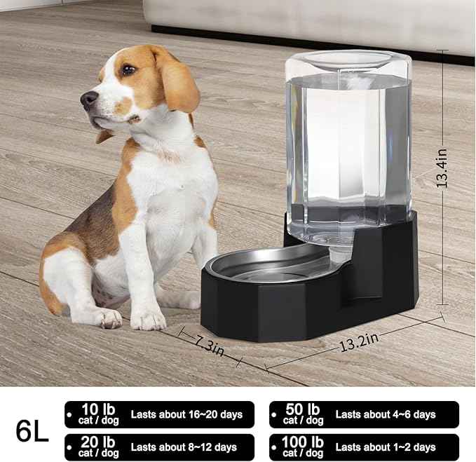 Sfozstra Dog Water Bowl Dispenser: 6L Large Black Gravity Stainless Steel Bowl - Without Filter - Pet Feeder for Pets Indoor/Outdoor Use by Owners