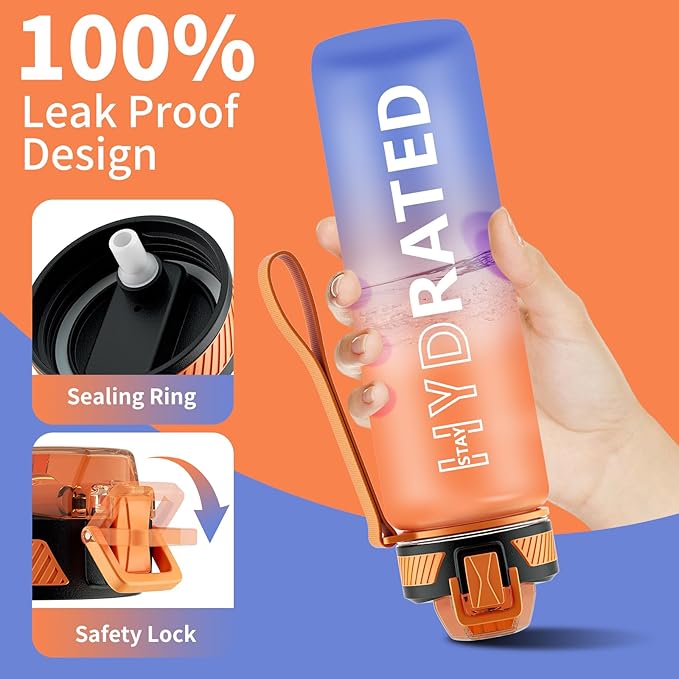 Water Bottle with Straw, 32oz Motivational Water Bottles with Time Marker to Drink, Tritan BPA Free, 1L Sports Water Bottle with Carry Strap LeakProof for Women Gym Fitness Outdoor (1 Pack)