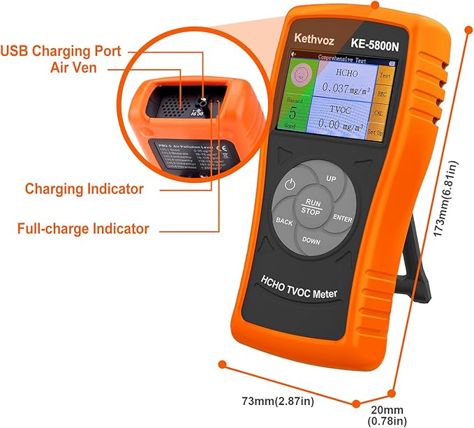 5800N Formaldehyde Detector, Portable Air Quality Monitor for Home Indoor HCHO TVOC Tester with Real-Time Alarm, Handheld Air Pollution Meter with Color LCD Display