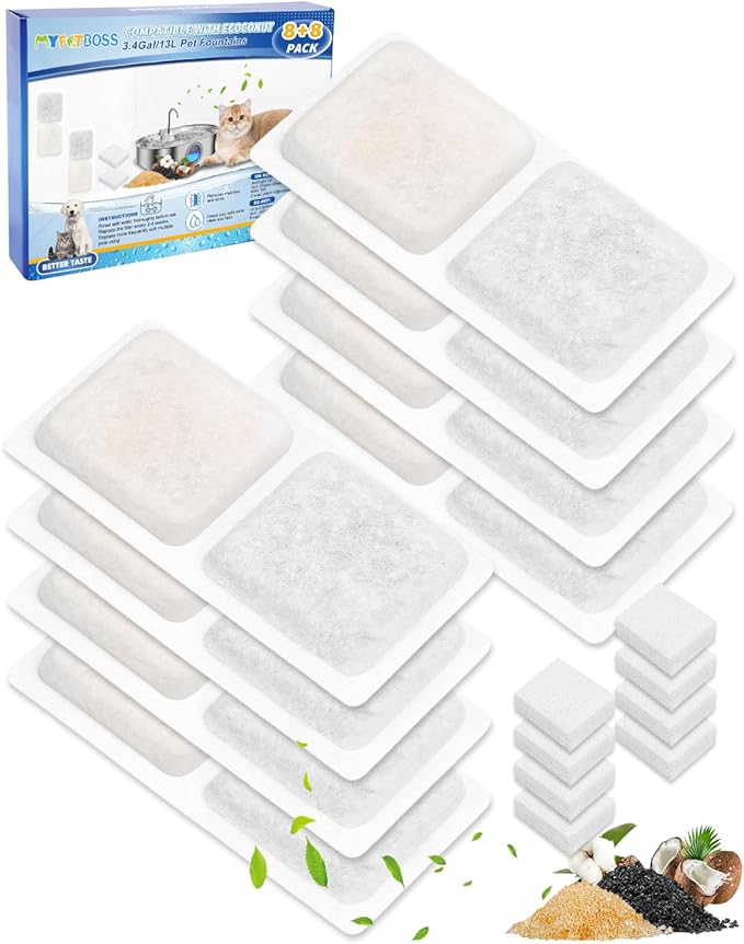 8+8 Pack Dog Water Fountain Filter for Large Dogs, Compatible with ECOCONUT 3.4Gal/13L Pet Fountains, Carbon Filters and Sponge for Pet Water Bowl, Stainless Steel Dog Fountain Filters