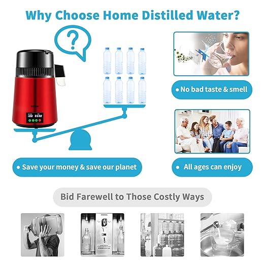 VEVOR 1.1Gal Water Distiller, 0.3Gal/H, Distilled Water Maker Machine 750W 0-99H Timing Setting Temp Display, 304 Stainless Steel Countertop Distiller Glass Carafe Cleaning Powder 3 Carbon Packs, Red