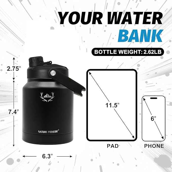 NATURE PIONEOR 84 oz Insulated Water Bottle - Double Vacuum Stainless Steel Water Jug with Holder/Carrier, Wide Mouth, Outdoor Sports, Hiking, Camping, Gym