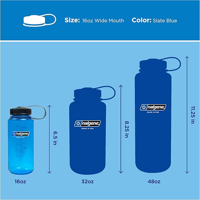 Nalgene 16 oz Wide Mouth Water Bottle | BPA-Free, Durable & Leak Proof, Lightweight Travel Bottle, Fits In Cupholders, Slate blue