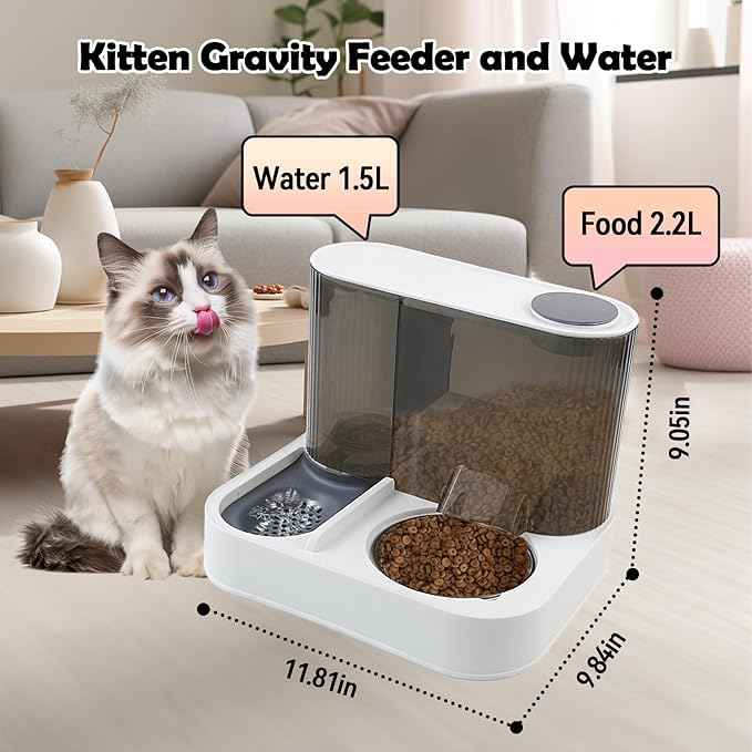 Automatic Gravity Cat Feeder with Stainless Steel Food Bowl, 2 in 1 Cat Feeder and Water Dispenser Combo Detachable Pet Water and Food Dispenser Set for Puppy Kitten Small Dog(Gray)