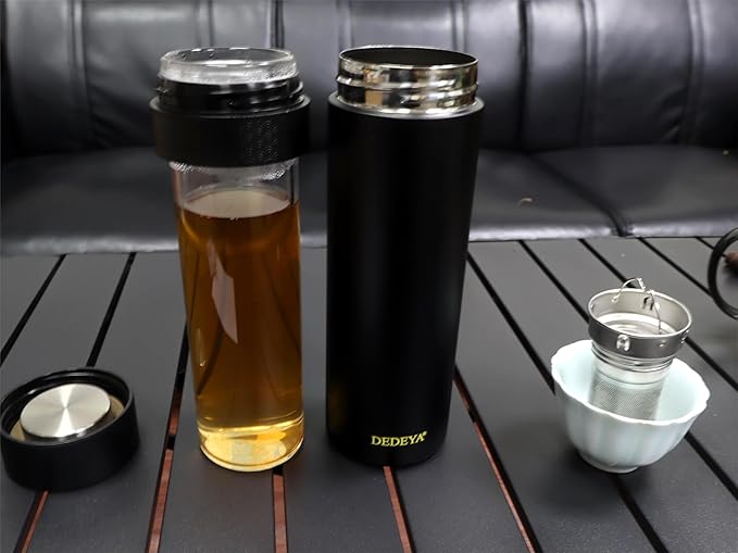15oz Stainless Steel Vacuum Insulated Water Bottle with glass liner inside,glass lined thermos with Infuser for Hot and Cold drink -Leakproof Travel Mug with Filter (Black,with Tea infuser)