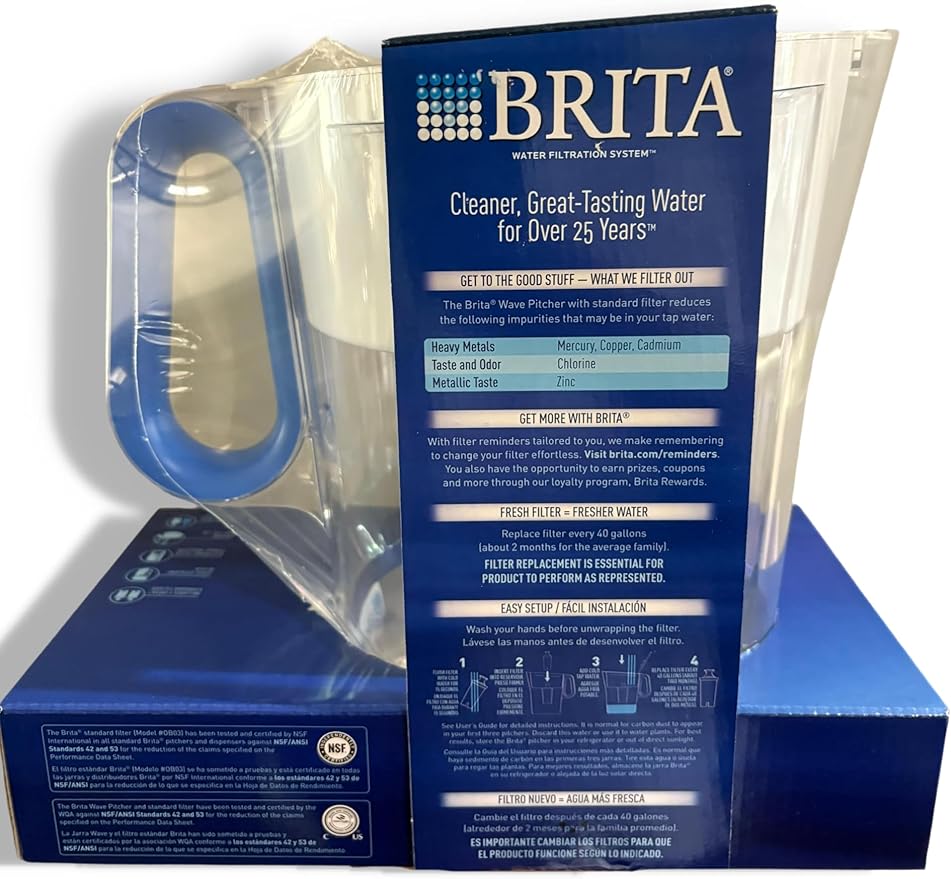 Brita Large Water Filter Pitcher with 2 Standard Filters, 10-Cup Capacity, BPA-Free, Blue, Reduces Chlorine Mercury Copper