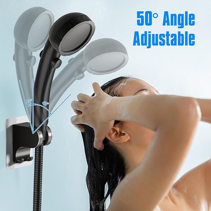 JONKEAN 7.5" Big Filtered Double Shower Head for Hard Water (Black) & JONKEAN 50°Adjustable Shower Head Bracket with Hook (Black, 1 Pack)