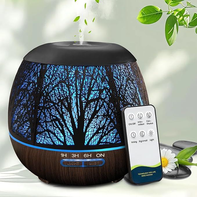 Essential Oil Diffuser for Bedroom 400ml,Diffusers for Home with Remote Control,Cool Mist Humidifier Large Room,Ultrasonic Scent Diffuser Waterless Auto Off,7 Colors Light & 3 Mist Modes for Desk Tree