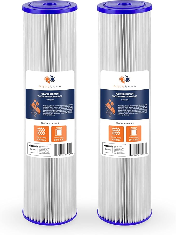 Aquaboon 20 Inch Whole House Pleated Water Sediment Filter Replacement 5 Micron Water Filter Cartridge Compatible with ECP5-20BB, SPC-45-2005, 2-Pack