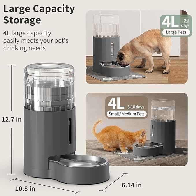 Cat Water Dispenser with Placemat and Stainless Steel Bowl, Automatic Gravity Water Dispenser for Cats or Small Medium Size Dogs, Large Capacity, Easy to Clean and Safe for Pets (4L)