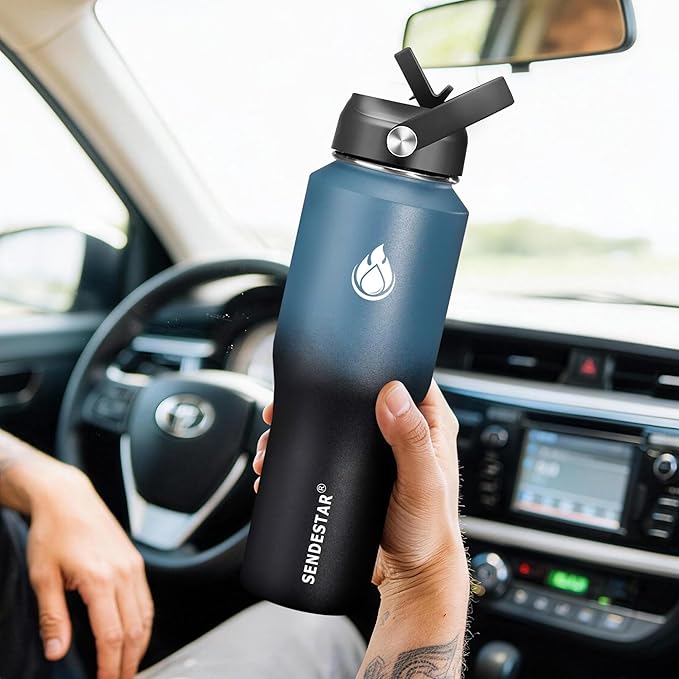 SENDESTAR Water Bottle 32oz,Wide Mouth Stainless Steel Vacuum Insulated Double Wall Keep Liquids Cold or Hot All Day,Sweat Proof Sport Design,Fit Car Cup Holder,(Straw and Spout lid)(Dark blue&Balck)