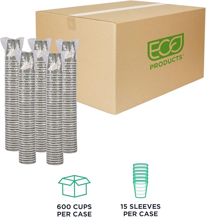 ECO PRODUCTS Compostable Disposable Insulated World Art 12oz Coffee Cups, Case of 600, Renewable Double-wall Hot Paper Cup, Plant Based PLA Lining, No Sleeves Needed, Color Coded